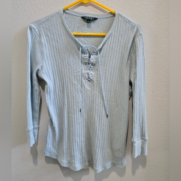 Lauren Ralph Lauren light blue long sleeved shirt eith laced front women's large - Picture 1 of 4